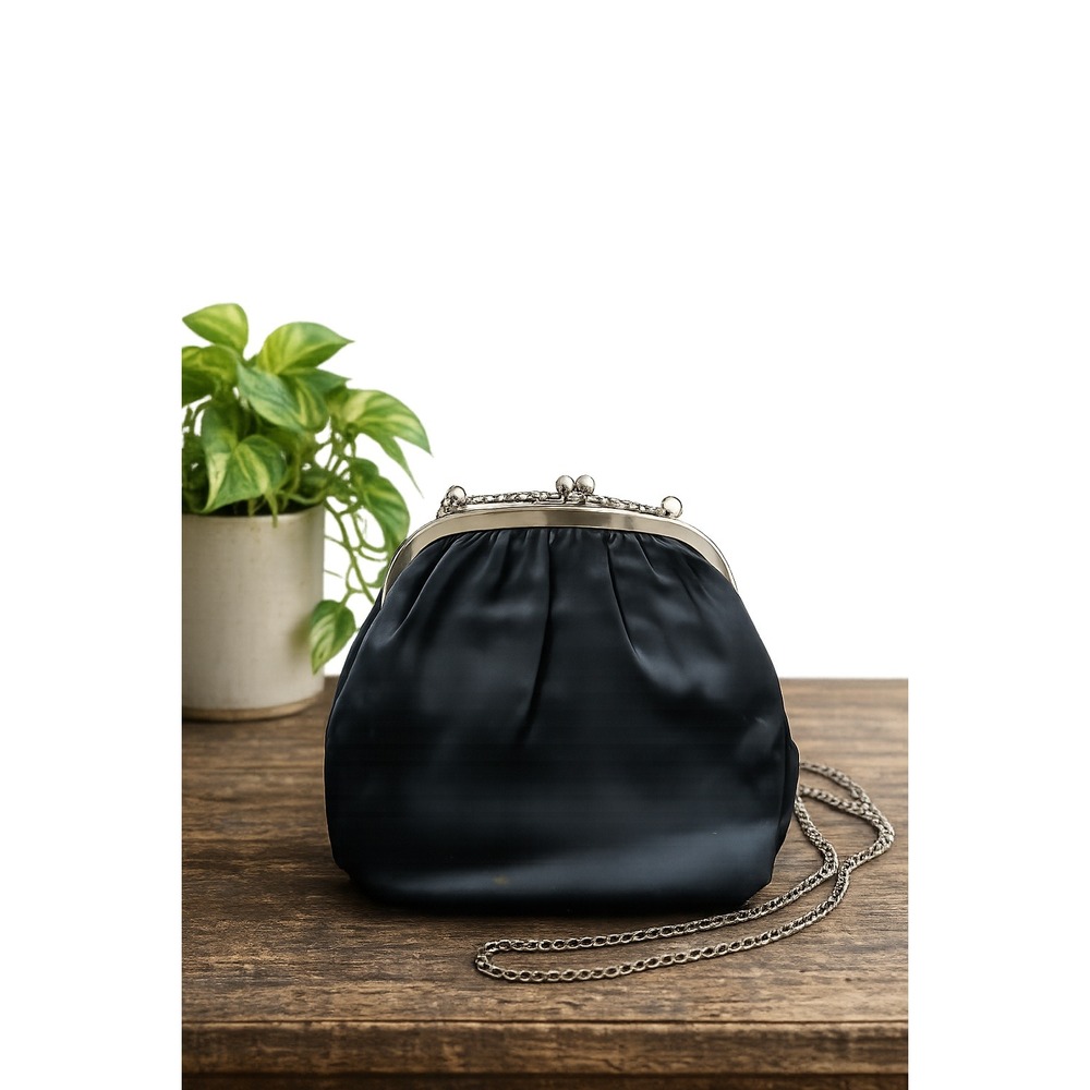 Vintage HL Black Satin Evening Bag Kiss Lock Silver Chain Formal Clutch Purse